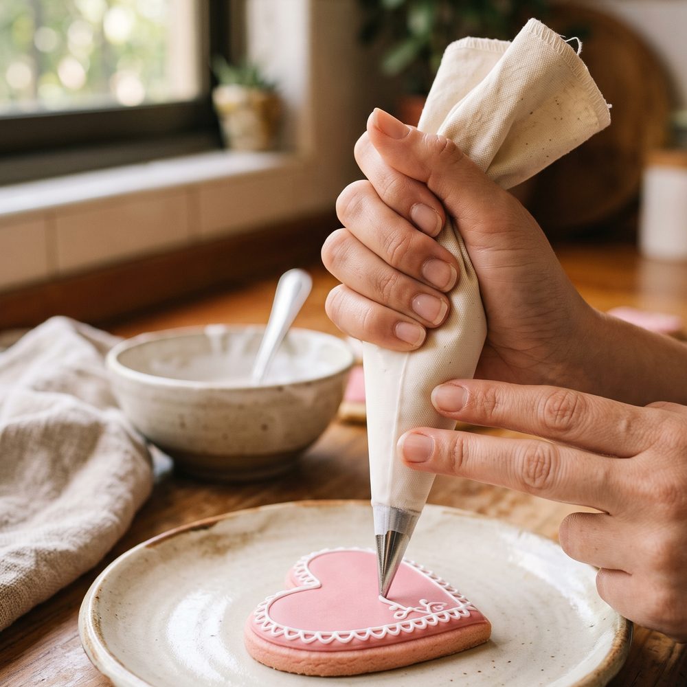 Decorando una galleta con manga y glasé rosado