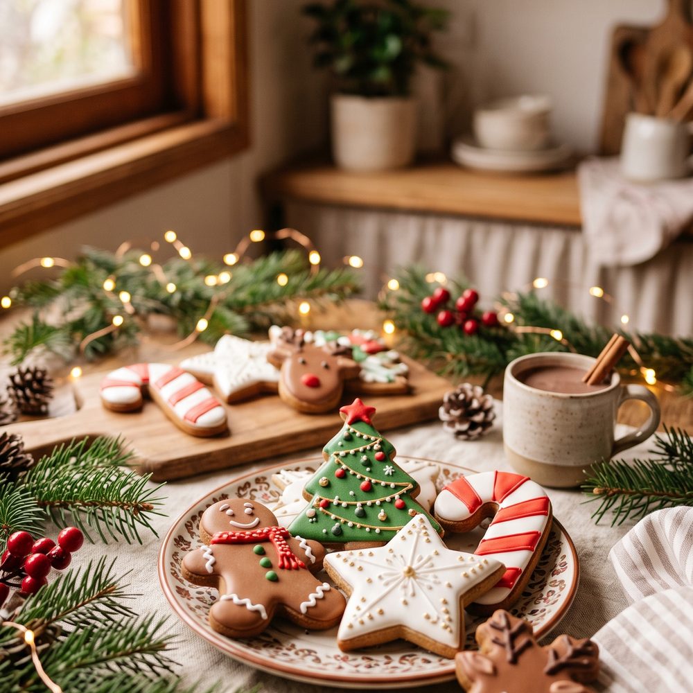 Galletas navideñas decoradas sobre una mesa con ramas de pino